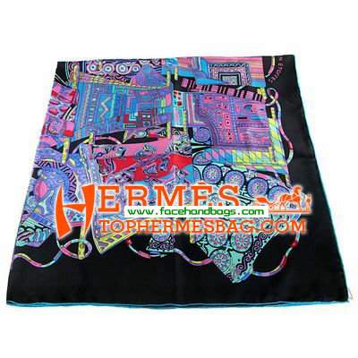 Hermes 100% Silk Square Scarf Black HESISS 130 x 130 - Click Image to Close